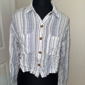 Aeropostale Light Blue and White Cropped Blouse